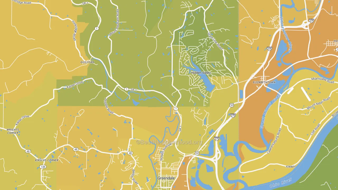 Map of the best neighborhoods in the 47025 area, with better matches in green and worse matches in red