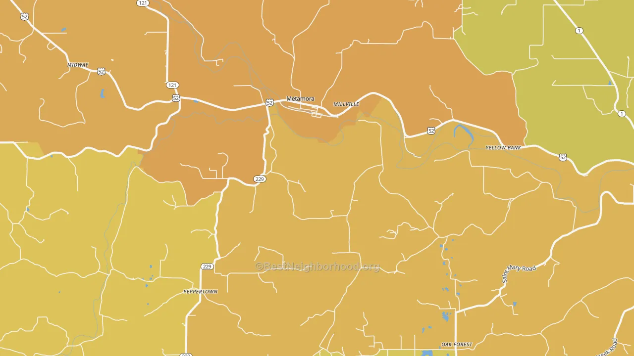 Map of the best neighborhoods in the 47030 area, with better matches in green and worse matches in red