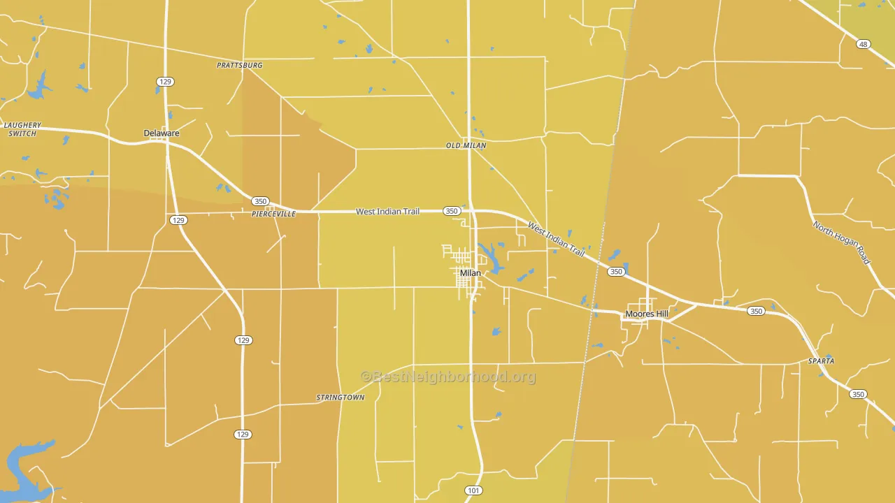 Map of the best neighborhoods in the 47031 area, with better matches in green and worse matches in red