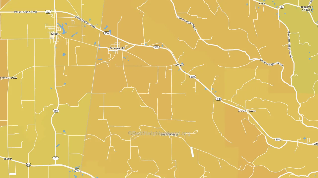 Map of the best neighborhoods in the 47032 area, with better matches in green and worse matches in red