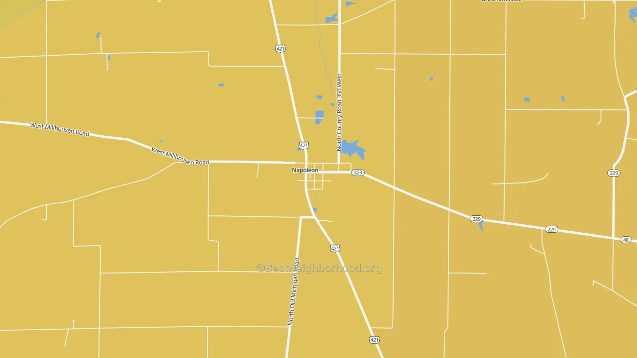 Map of the best neighborhoods in the 47034 area, with better matches in green and worse matches in red