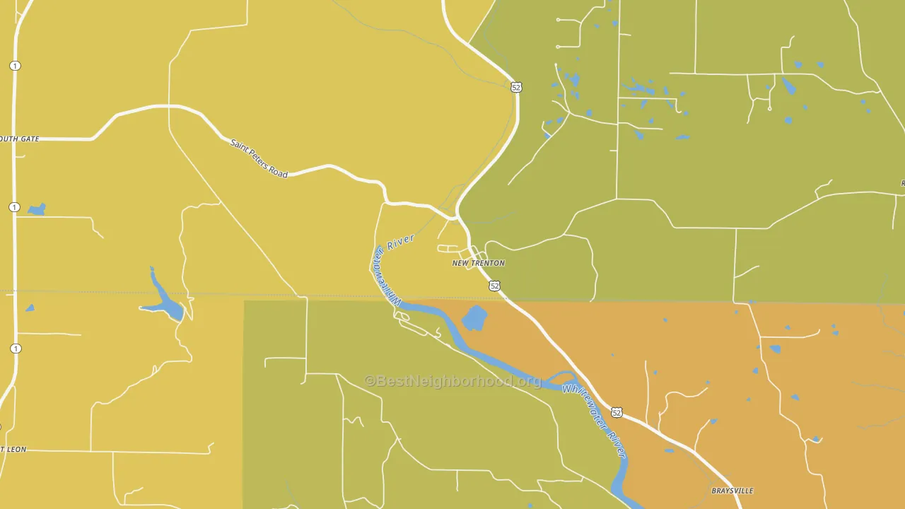 Map of the best neighborhoods in the 47035 area, with better matches in green and worse matches in red