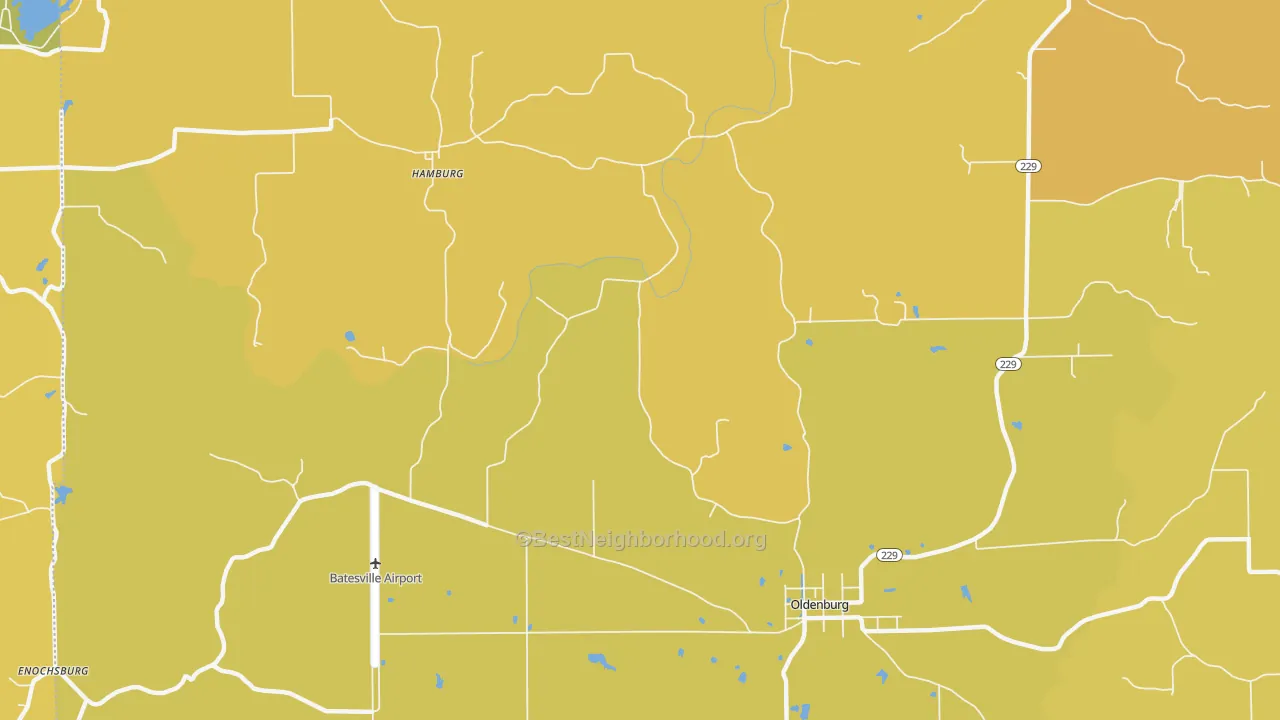 Map of the best neighborhoods in the 47036 area, with better matches in green and worse matches in red