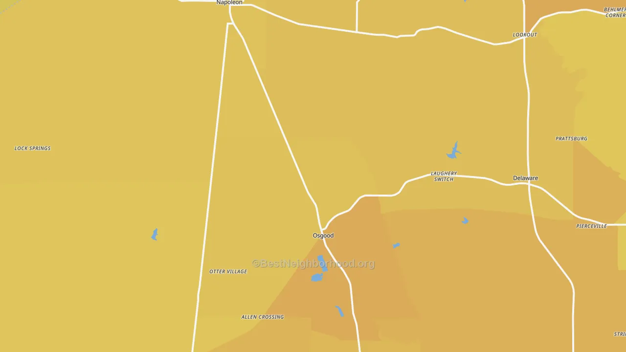 Map of the best neighborhoods in the 47037 area, with better matches in green and worse matches in red