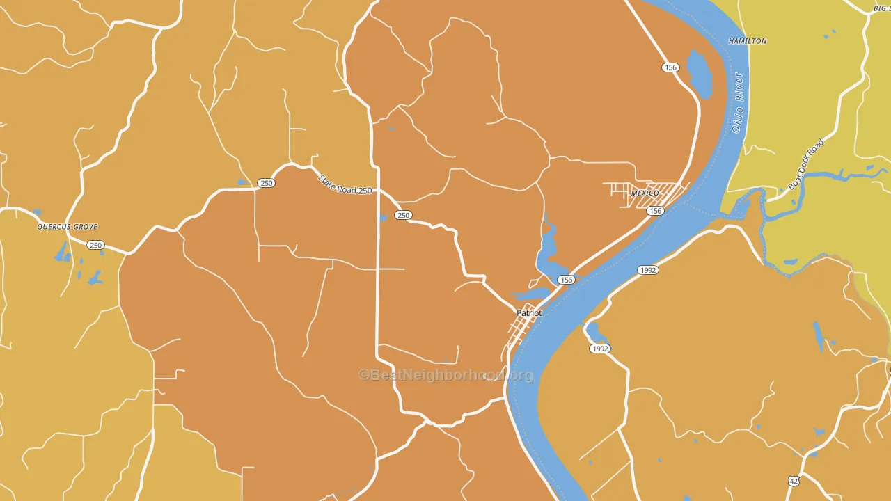 Map of the best neighborhoods in the 47038 area, with better matches in green and worse matches in red