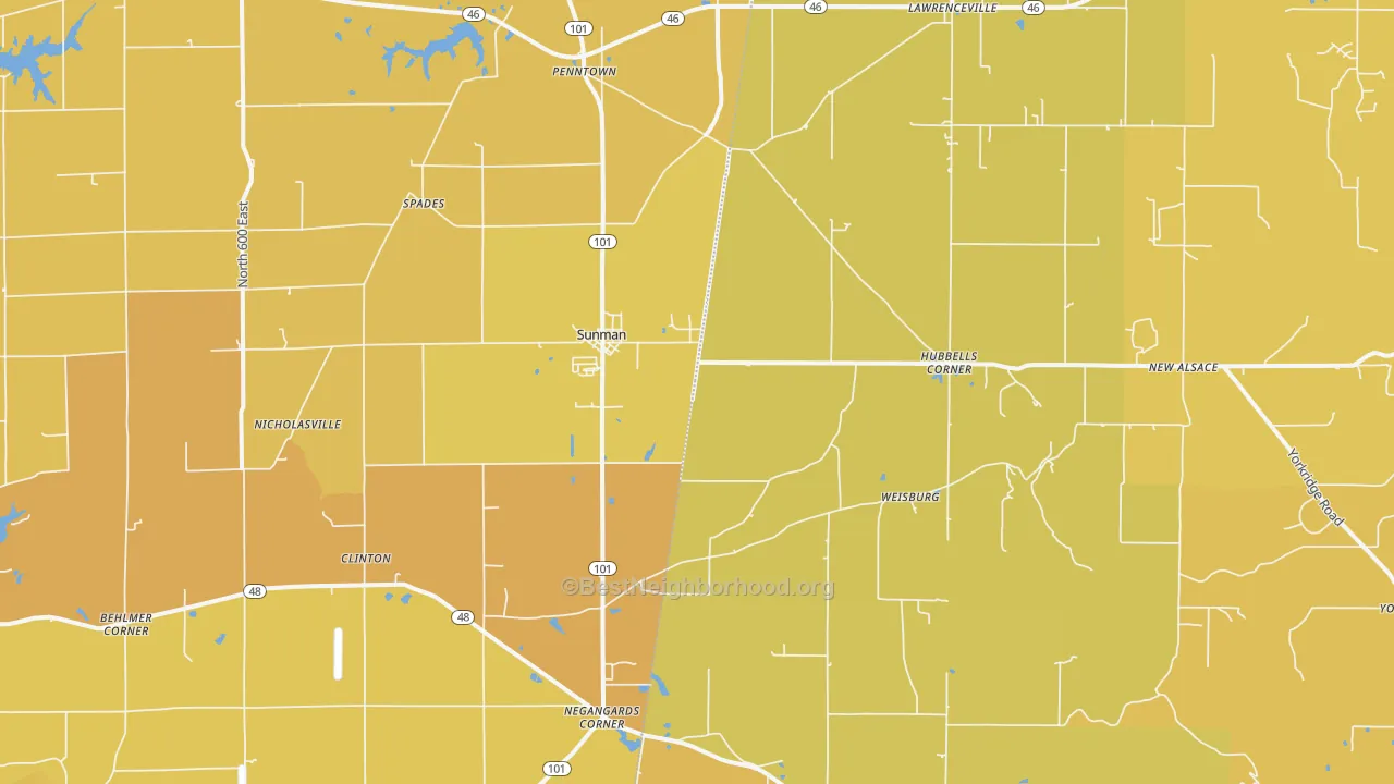 Map of the best neighborhoods in the 47041 area, with better matches in green and worse matches in red