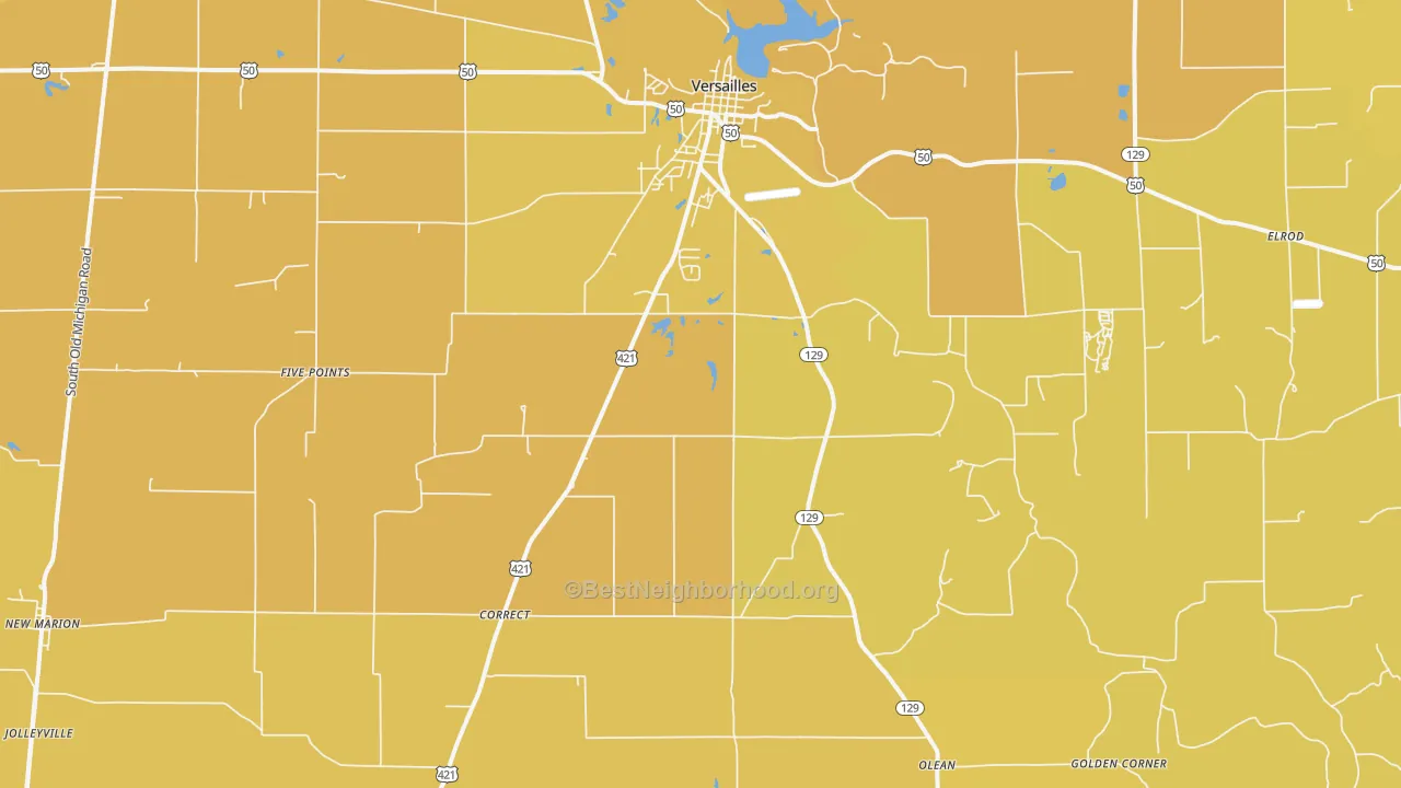 Map of the best neighborhoods in the 47042 area, with better matches in green and worse matches in red