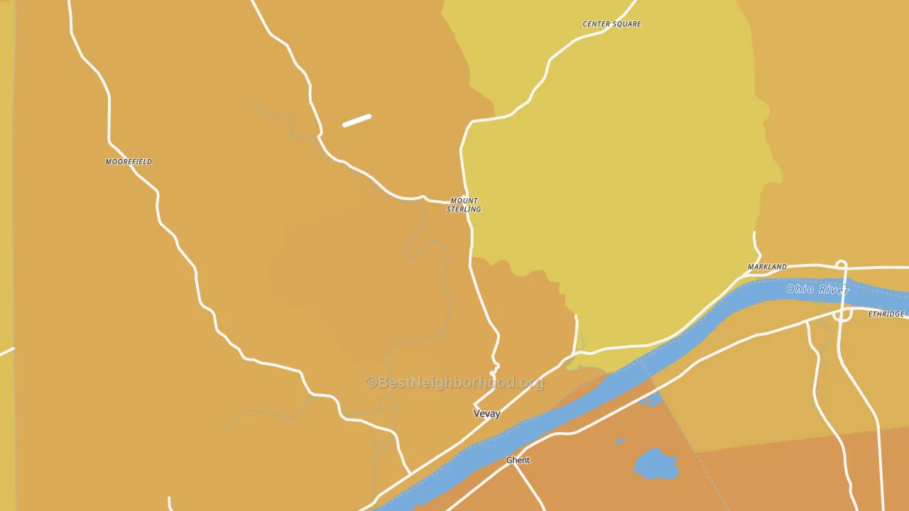 Map of the best neighborhoods in the 47043 area, with better matches in green and worse matches in red