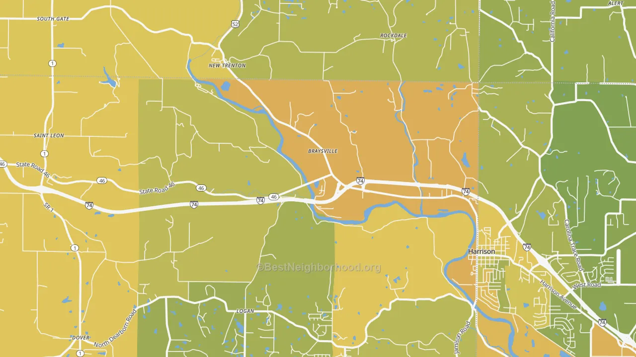 Map of the best neighborhoods in the 47060 area, with better matches in green and worse matches in red
