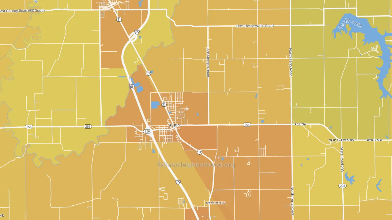 Map of the best neighborhoods in the 47102 area, with better matches in green and worse matches in red
