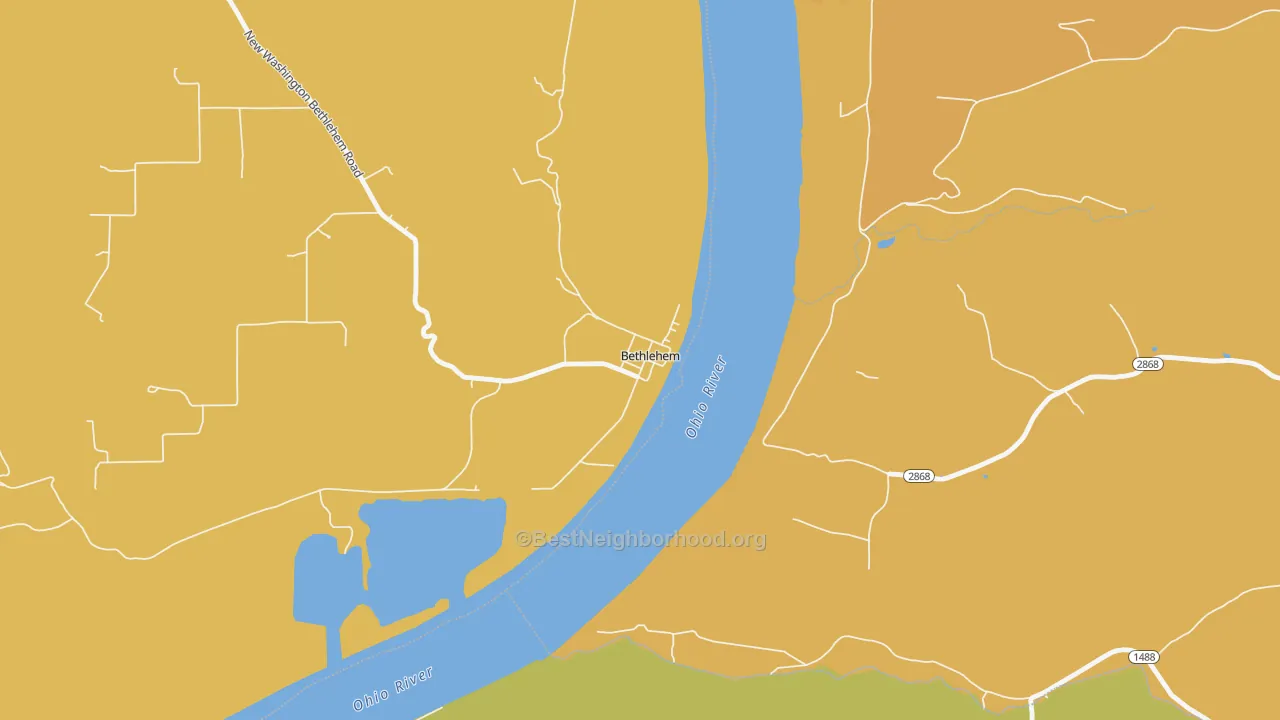 Map of the best neighborhoods in the 47104 area, with better matches in green and worse matches in red