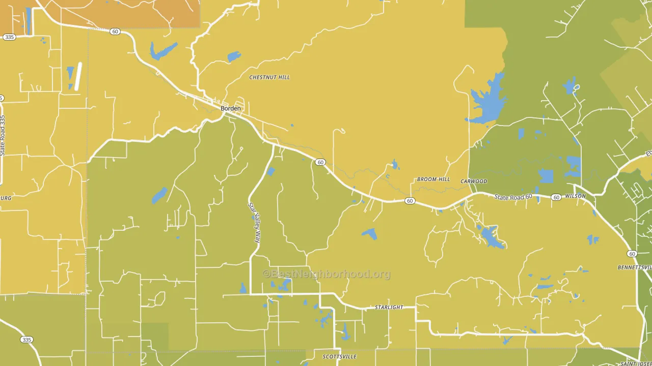 Map of the best neighborhoods in the 47106 area, with better matches in green and worse matches in red