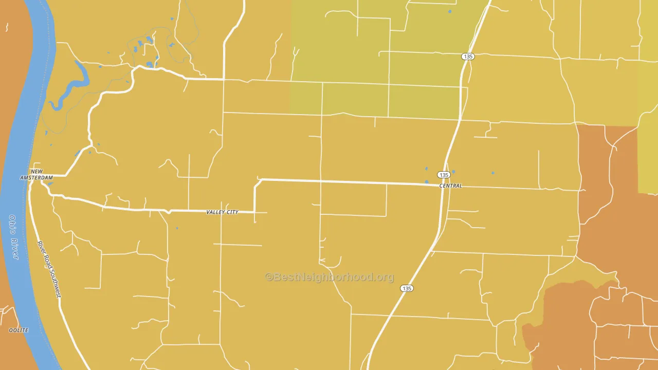 Map of the best neighborhoods in the 47110 area, with better matches in green and worse matches in red