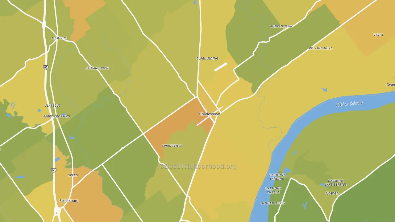 Map of the best neighborhoods in the 47111 area, with better matches in green and worse matches in red