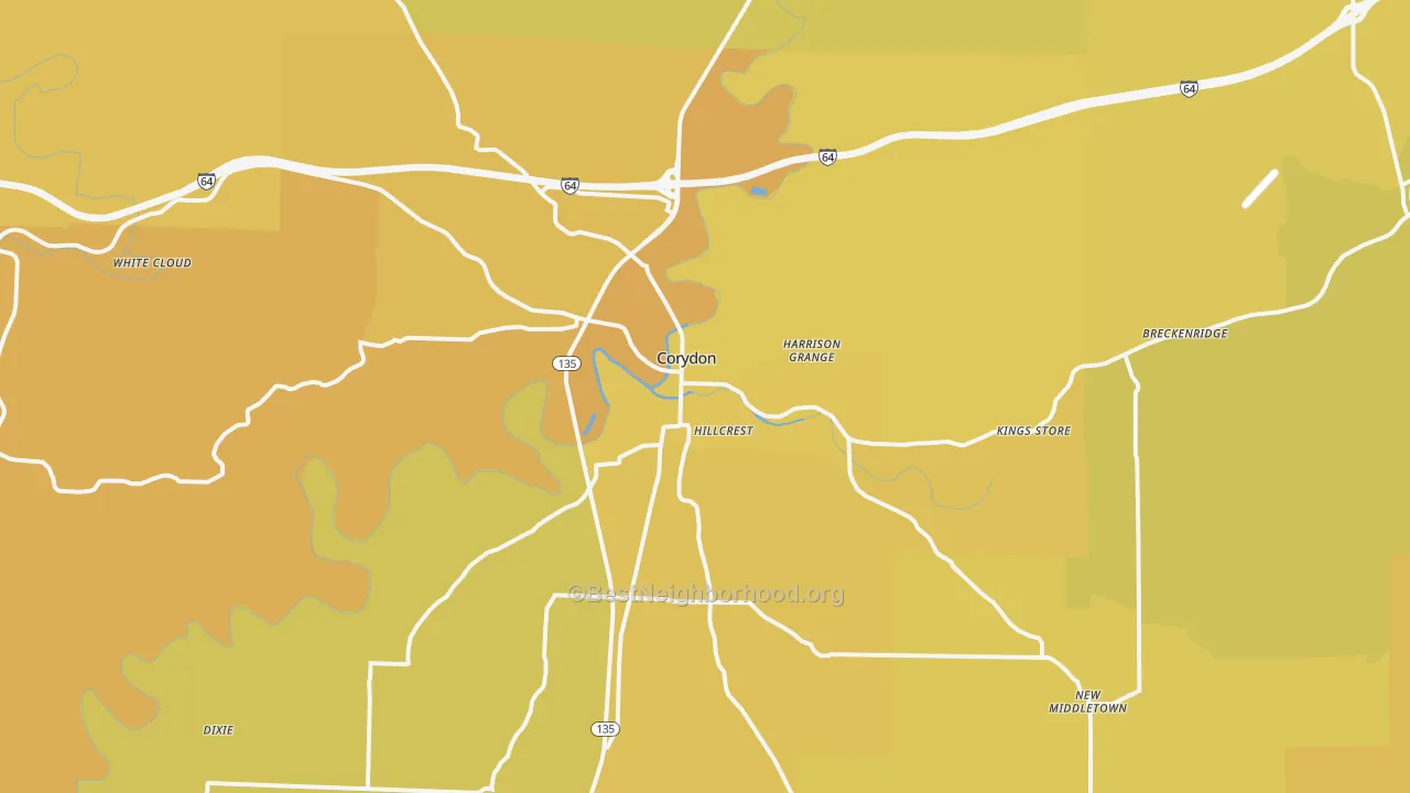 Map of the best neighborhoods in the 47112 area, with better matches in green and worse matches in red