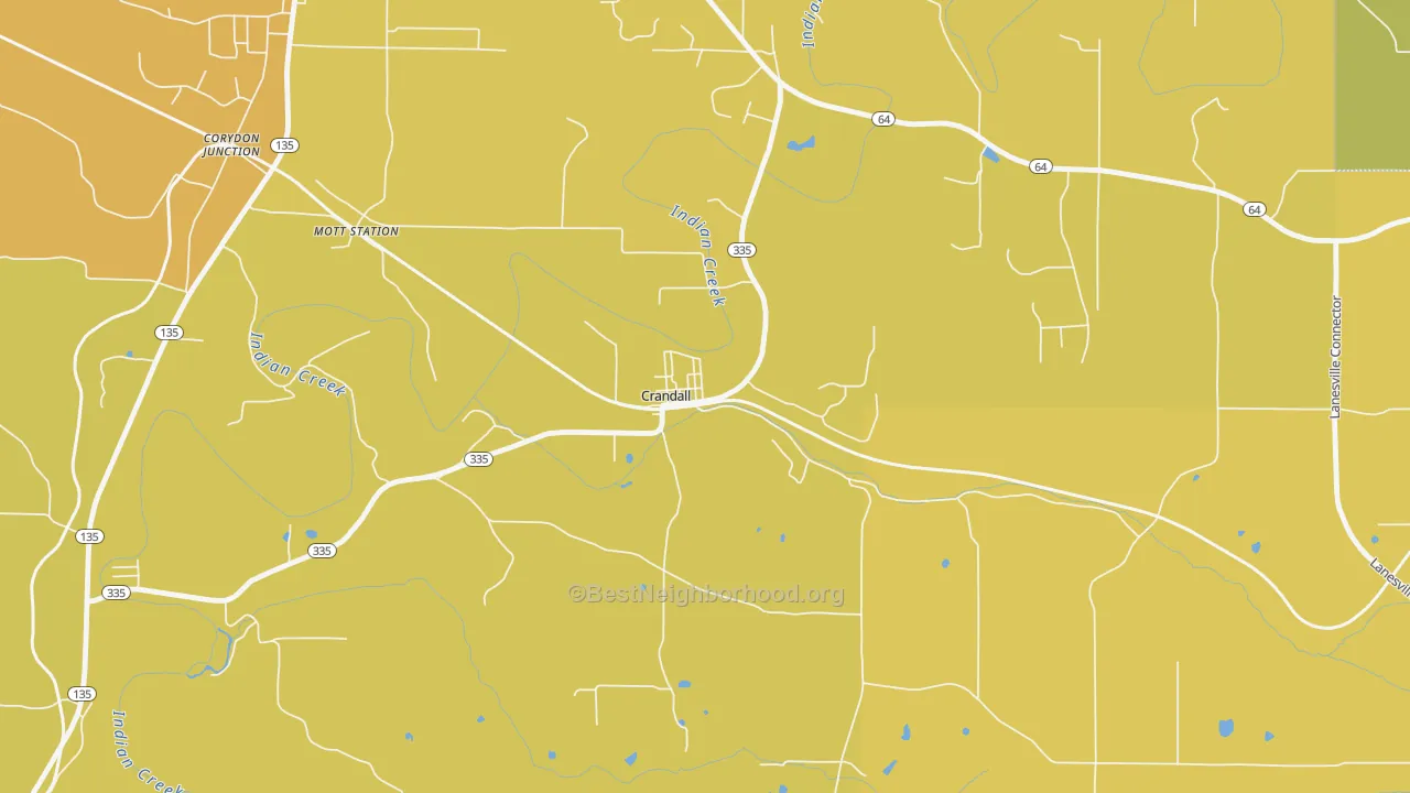 Map of the best neighborhoods in the 47114 area, with better matches in green and worse matches in red