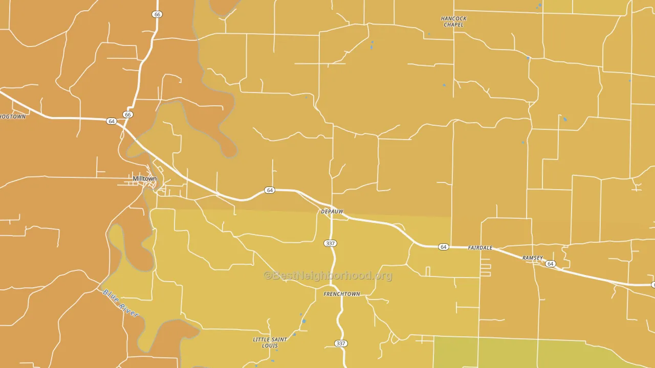 Map of the best neighborhoods in the 47115 area, with better matches in green and worse matches in red
