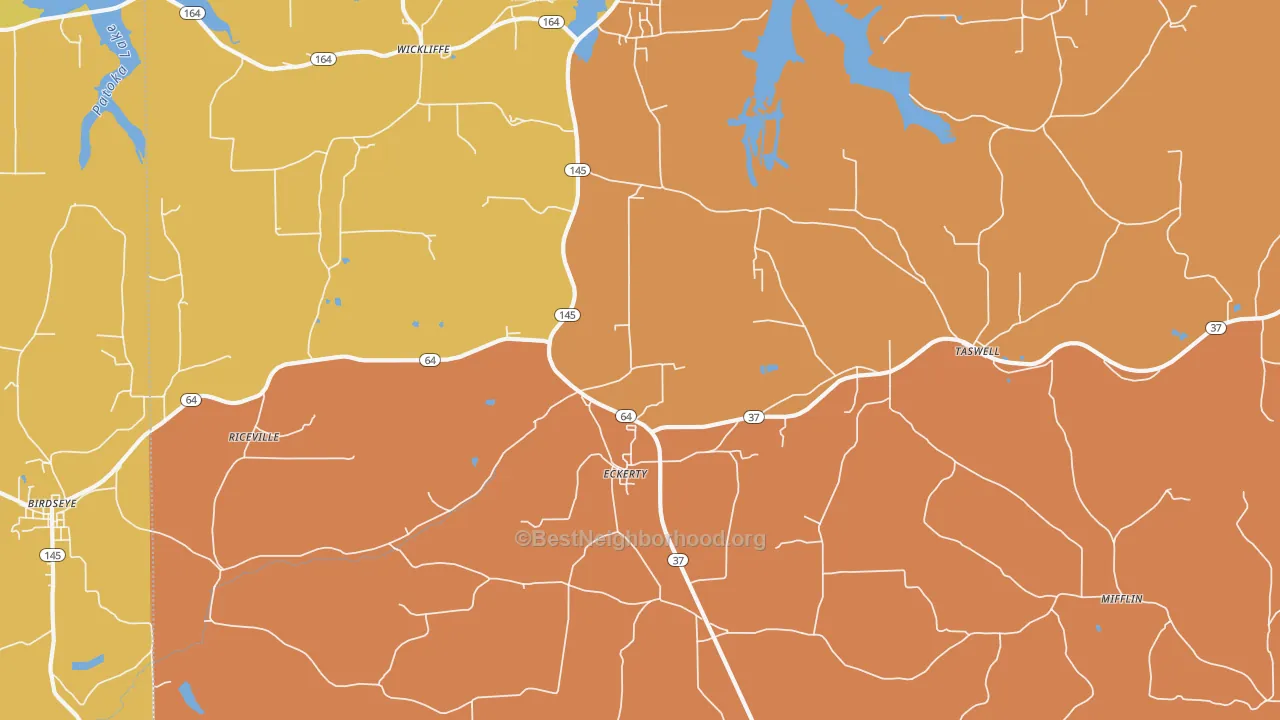 Map of the best neighborhoods in the 47116 area, with better matches in green and worse matches in red