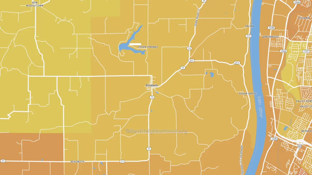 Map of the best neighborhoods in the 47117 area, with better matches in green and worse matches in red