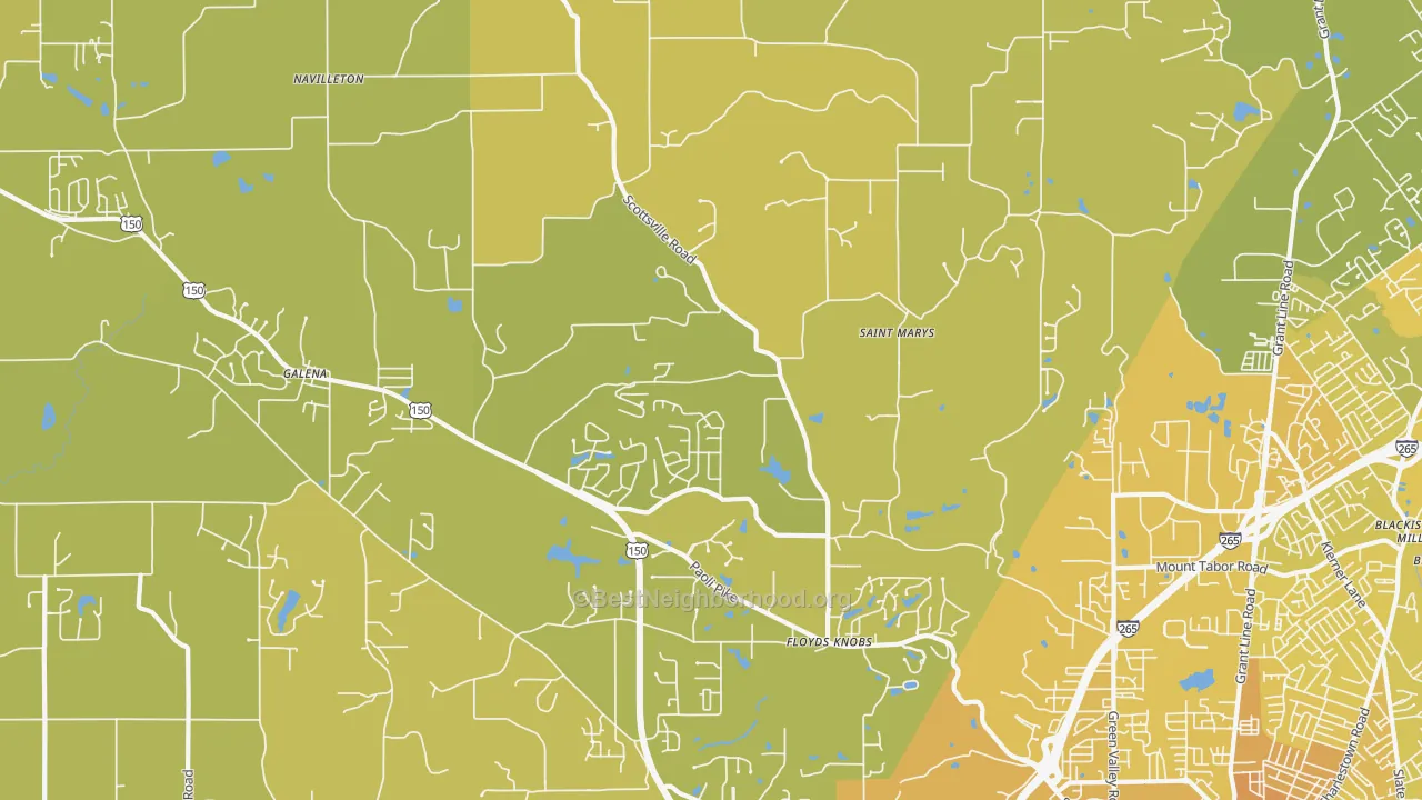 Map of the best neighborhoods in the 47119 area, with better matches in green and worse matches in red