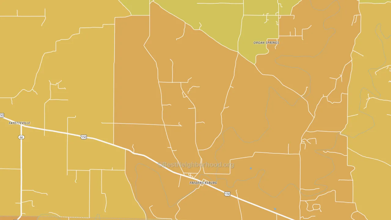Map of the best neighborhoods in the 47120 area, with better matches in green and worse matches in red