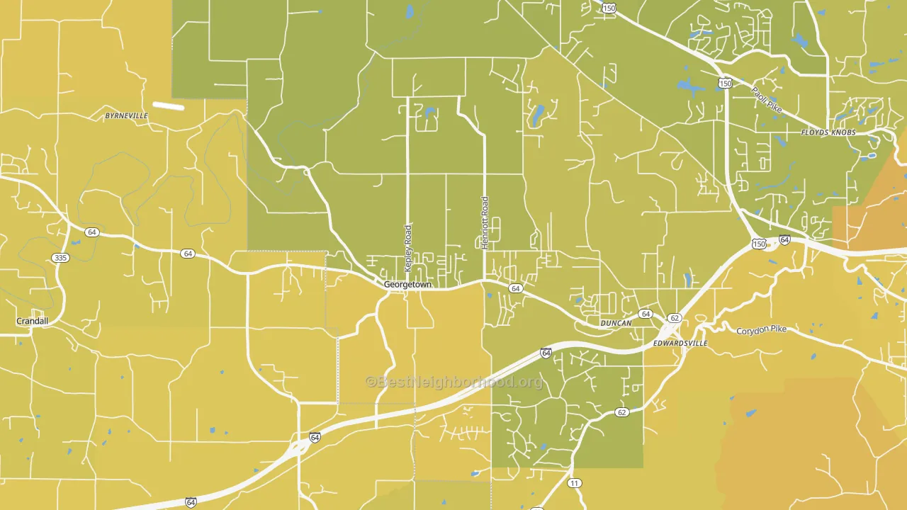 Map of the best neighborhoods in the 47122 area, with better matches in green and worse matches in red