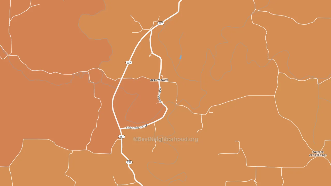 Map of the best neighborhoods in the 47123 area, with better matches in green and worse matches in red