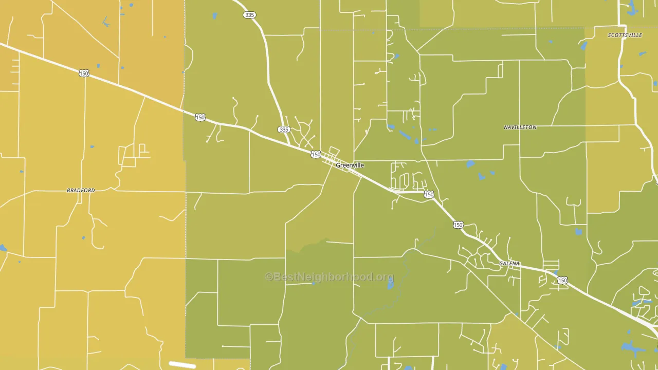 Map of the best neighborhoods in the 47124 area, with better matches in green and worse matches in red