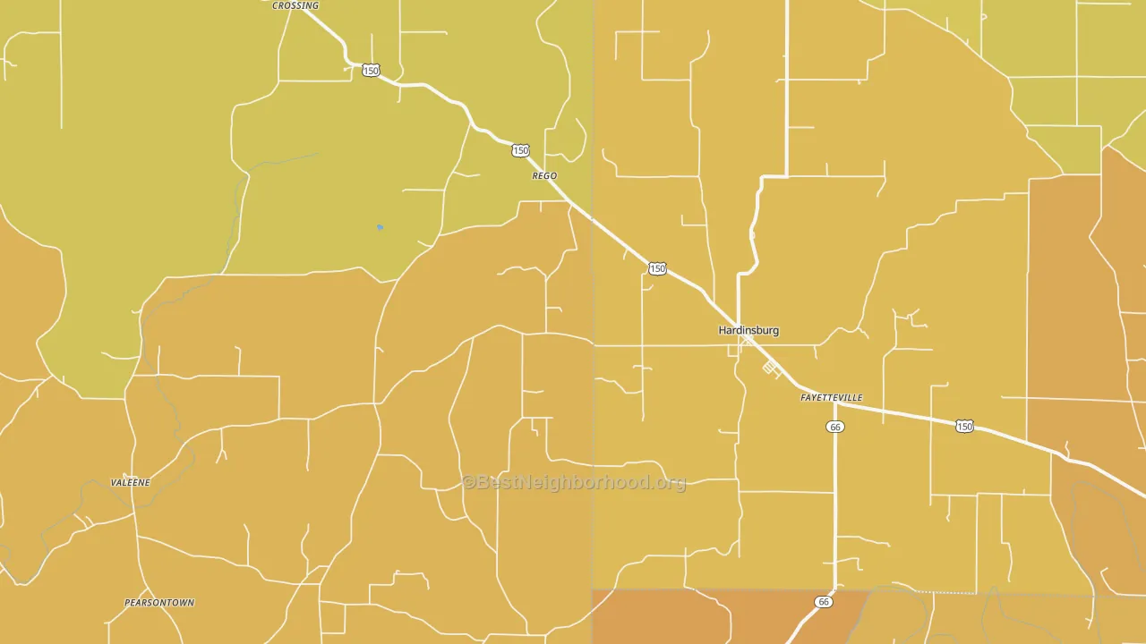 Map of the best neighborhoods in the 47125 area, with better matches in green and worse matches in red