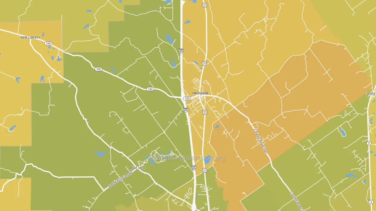 Map of the best neighborhoods in the 47126 area, with better matches in green and worse matches in red