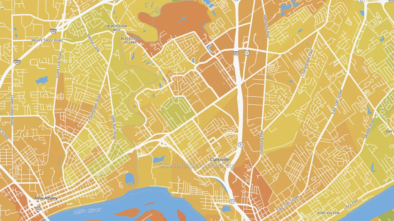 Map of the best neighborhoods in the 47129 area, with better matches in green and worse matches in red