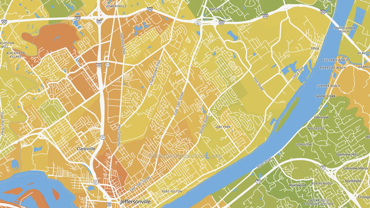 Map of the best neighborhoods in the 47130 area, with better matches in green and worse matches in red