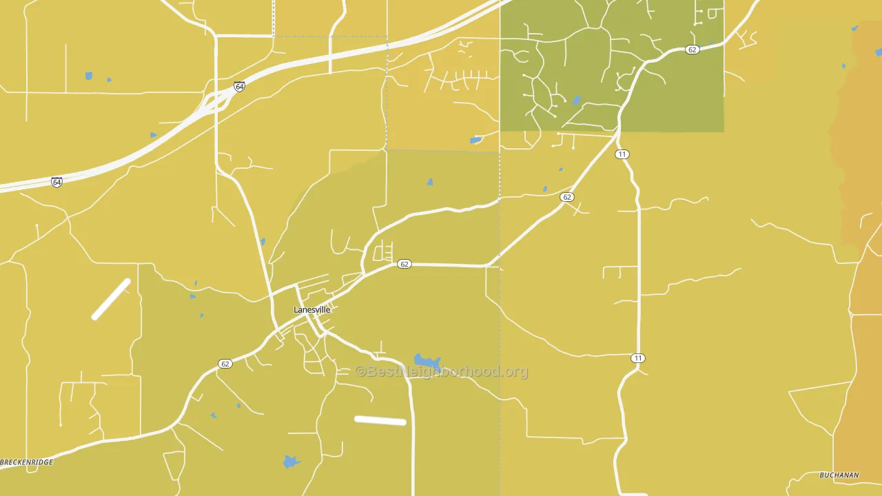 Map of the best neighborhoods in the 47136 area, with better matches in green and worse matches in red
