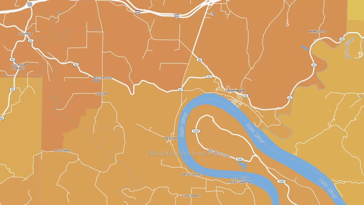 Map of the best neighborhoods in the 47137 area, with better matches in green and worse matches in red