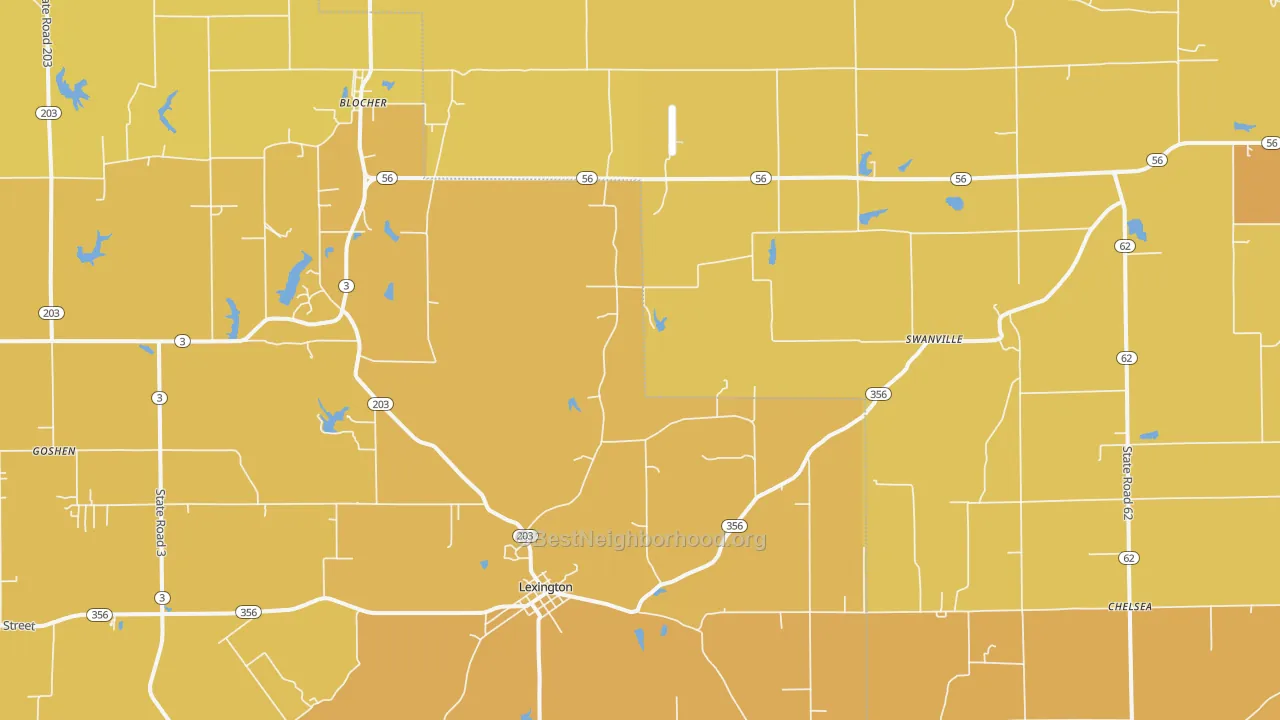 Map of the best neighborhoods in the 47138 area, with better matches in green and worse matches in red