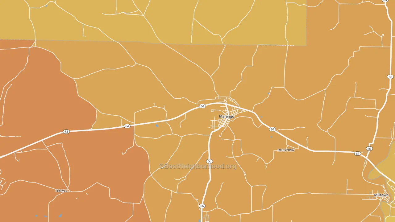 Map of the best neighborhoods in the 47140 area, with better matches in green and worse matches in red