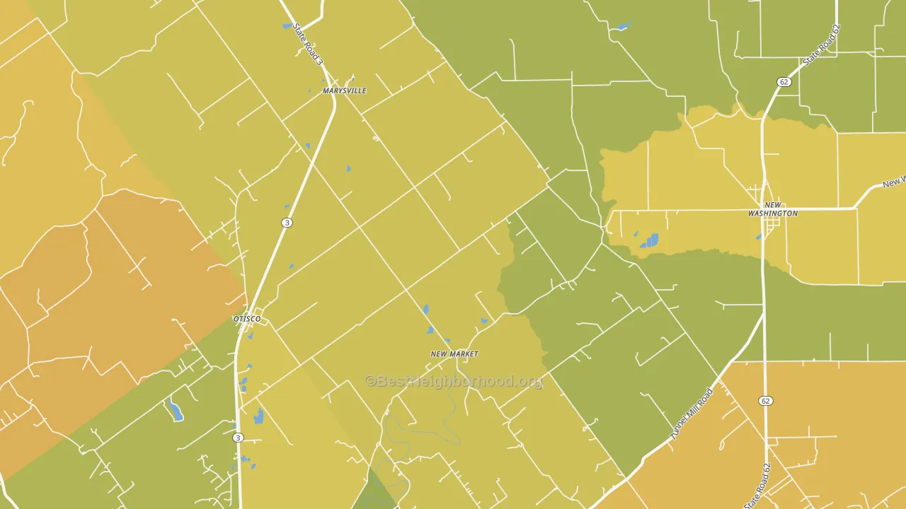 Map of the best neighborhoods in the 47141 area, with better matches in green and worse matches in red