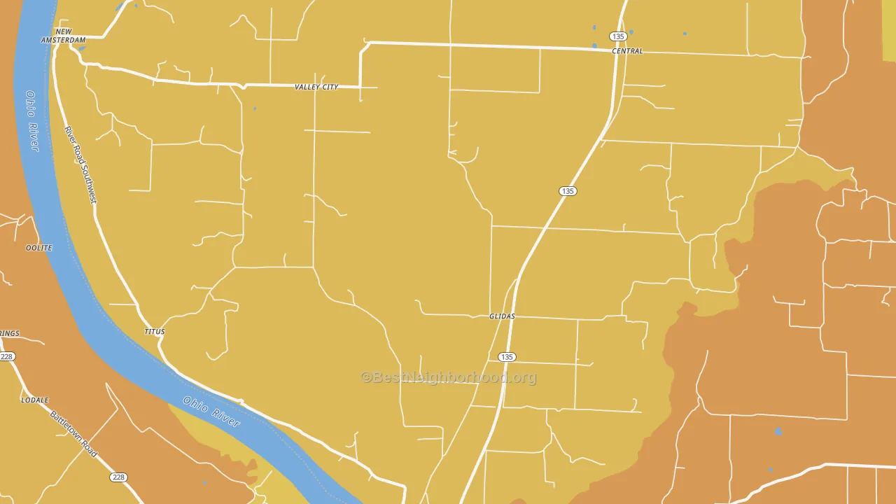 Map of the best neighborhoods in the 47142 area, with better matches in green and worse matches in red