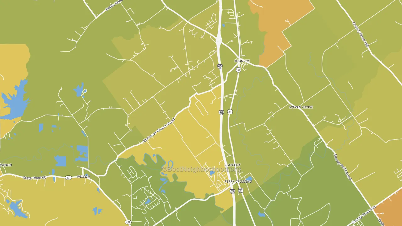 Map of the best neighborhoods in the 47143 area, with better matches in green and worse matches in red