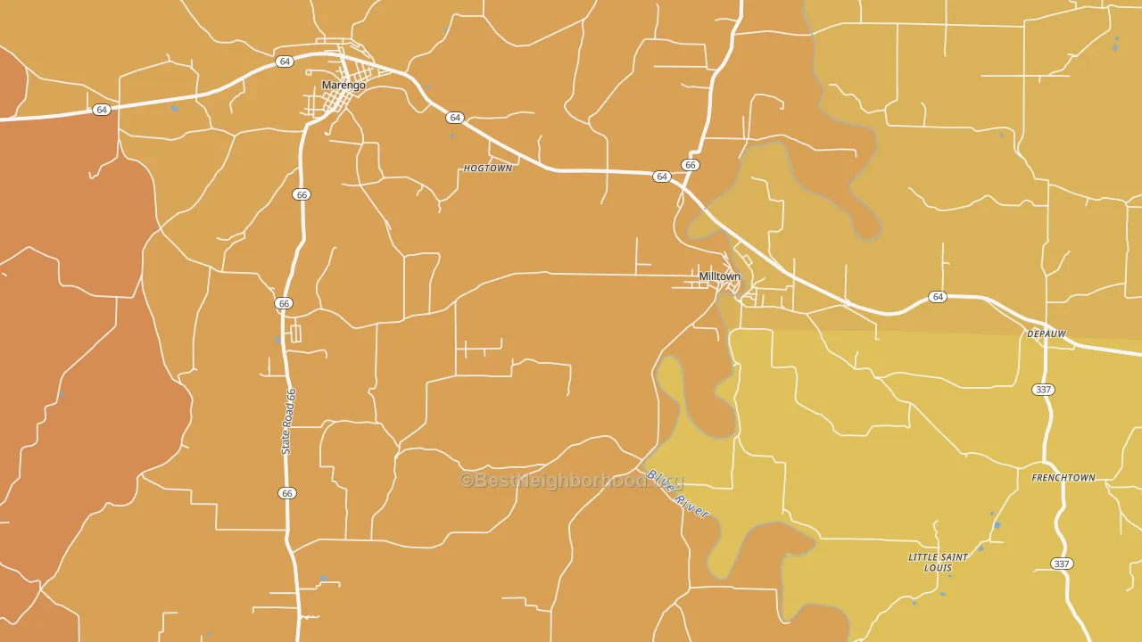 Map of the best neighborhoods in the 47145 area, with better matches in green and worse matches in red