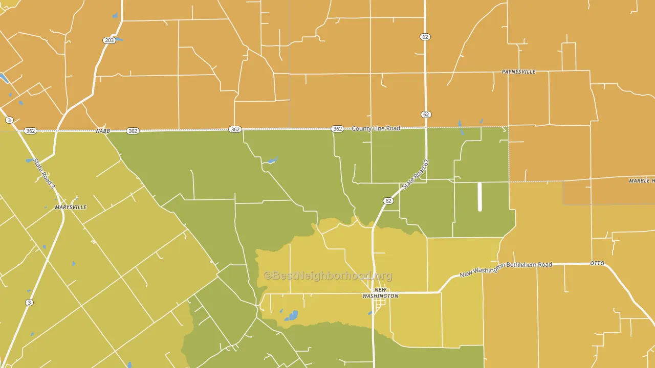 Map of the best neighborhoods in the 47147 area, with better matches in green and worse matches in red