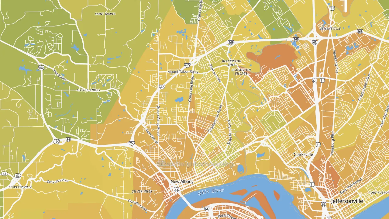 Map of the best neighborhoods in the 47150 area, with better matches in green and worse matches in red