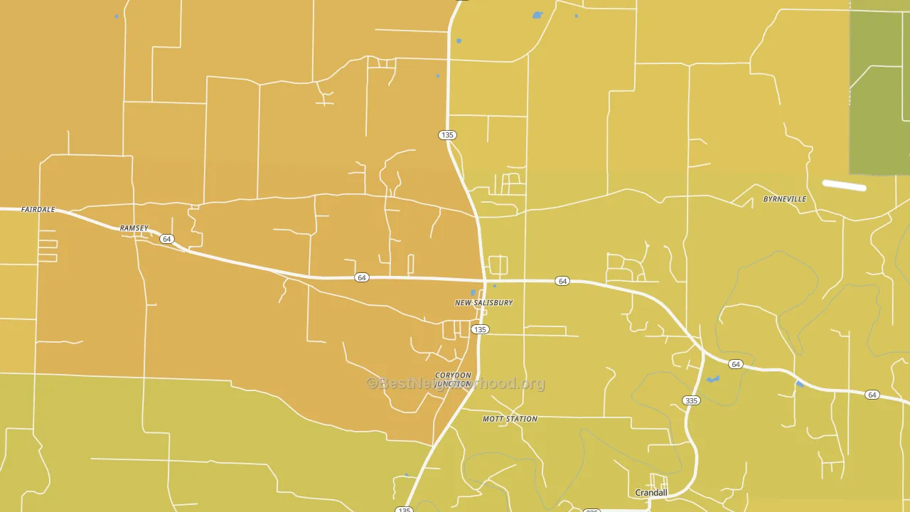 Map of the best neighborhoods in the 47161 area, with better matches in green and worse matches in red