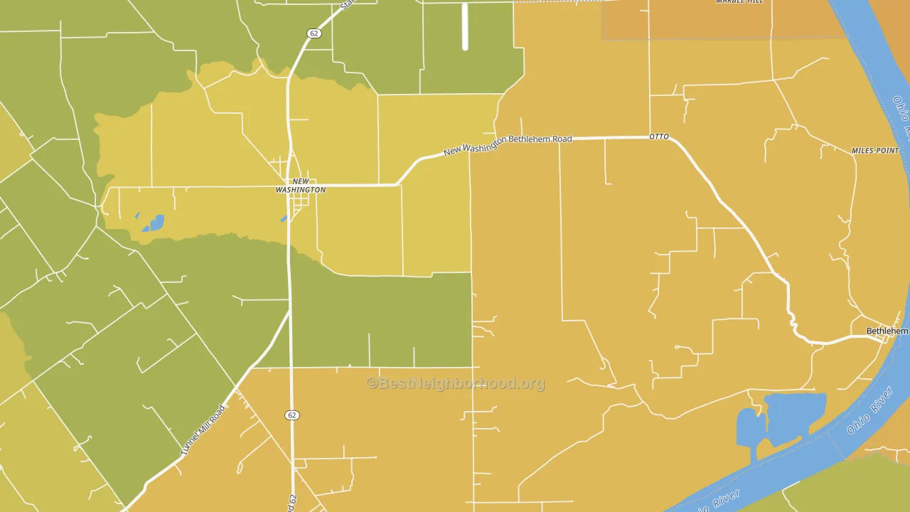 Map of the best neighborhoods in the 47162 area, with better matches in green and worse matches in red