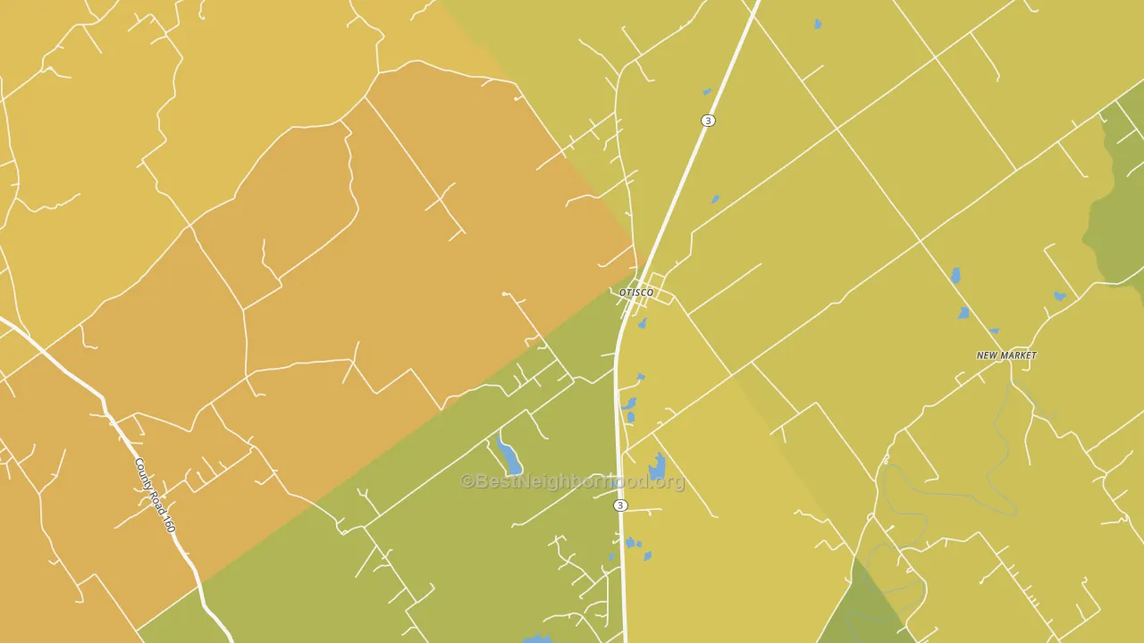 Map of the best neighborhoods in the 47163 area, with better matches in green and worse matches in red
