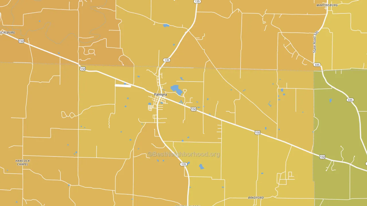 Map of the best neighborhoods in the 47164 area, with better matches in green and worse matches in red