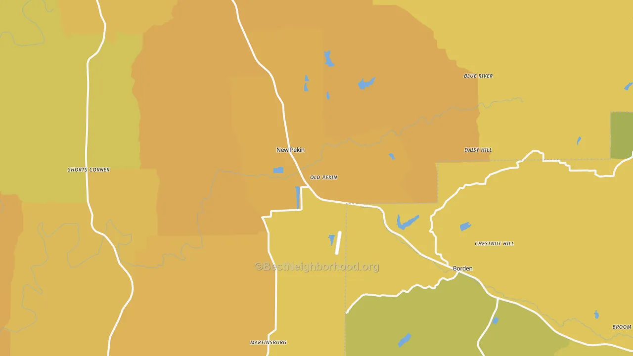 Map of the best neighborhoods in the 47165 area, with better matches in green and worse matches in red