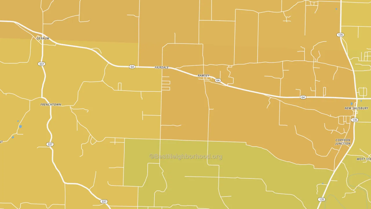 Map of the best neighborhoods in the 47166 area, with better matches in green and worse matches in red