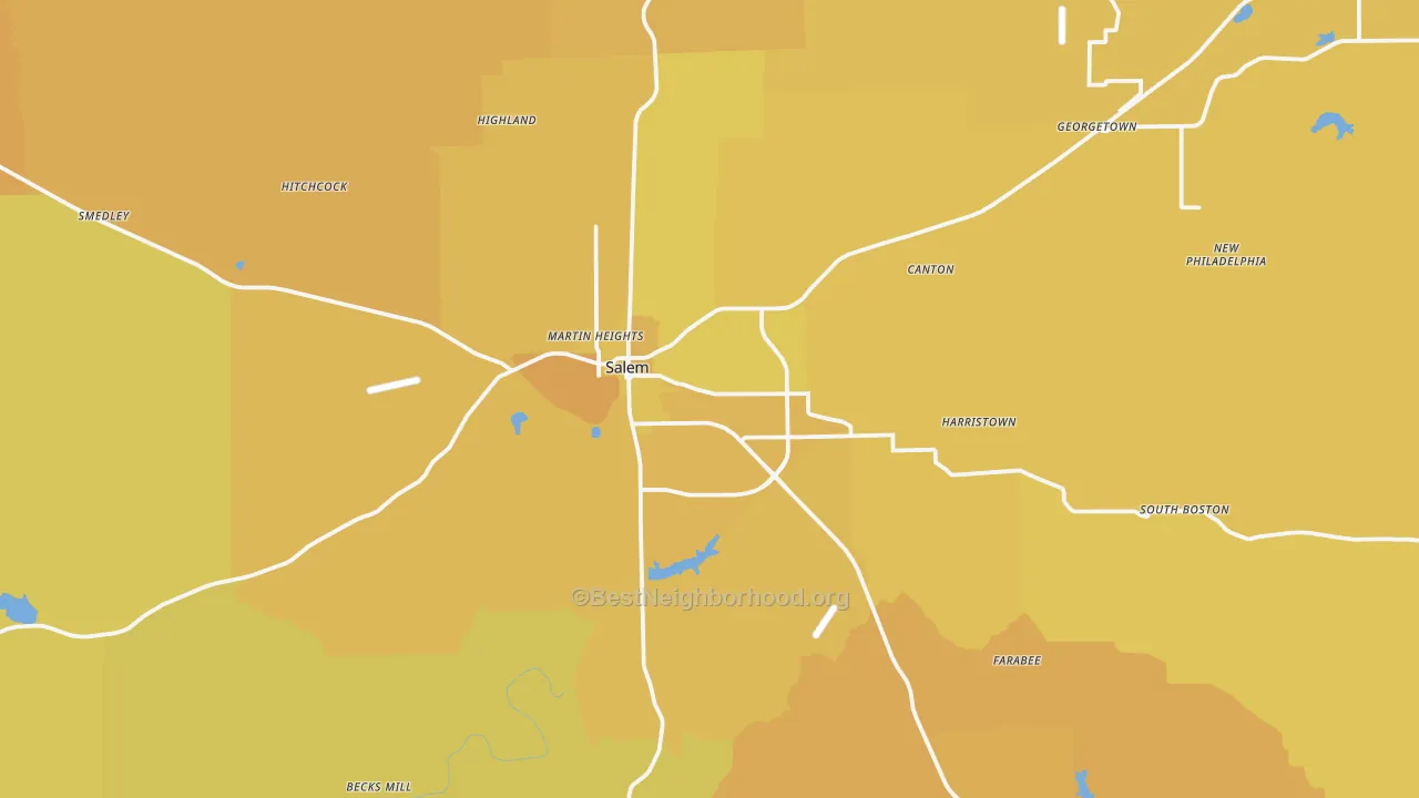 Map of the best neighborhoods in the 47167 area, with better matches in green and worse matches in red