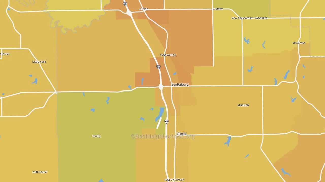 Map of the best neighborhoods in the 47170 area, with better matches in green and worse matches in red